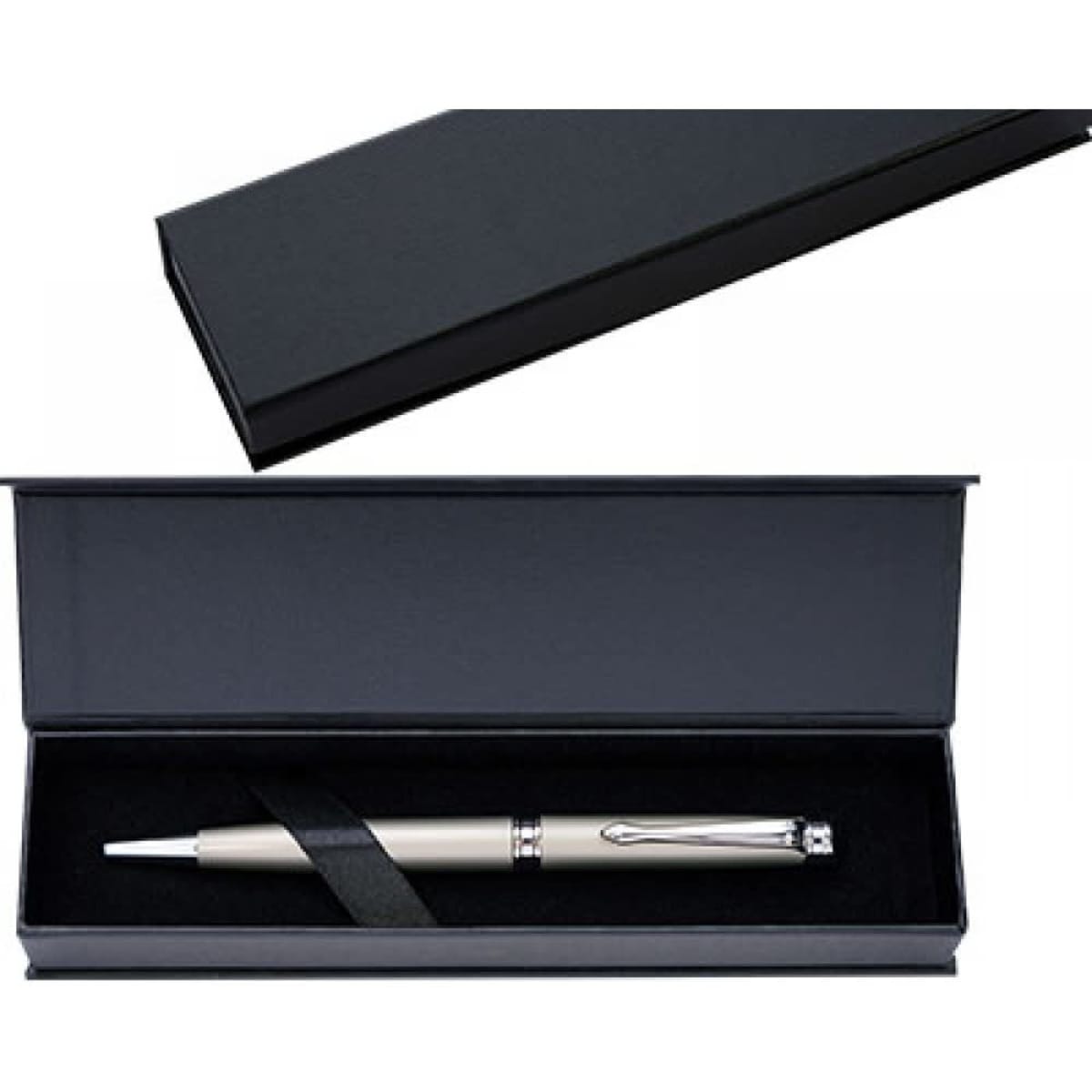 A silver pen presented in a sleek black gift box with a black ribbon, featuring a lid on top.