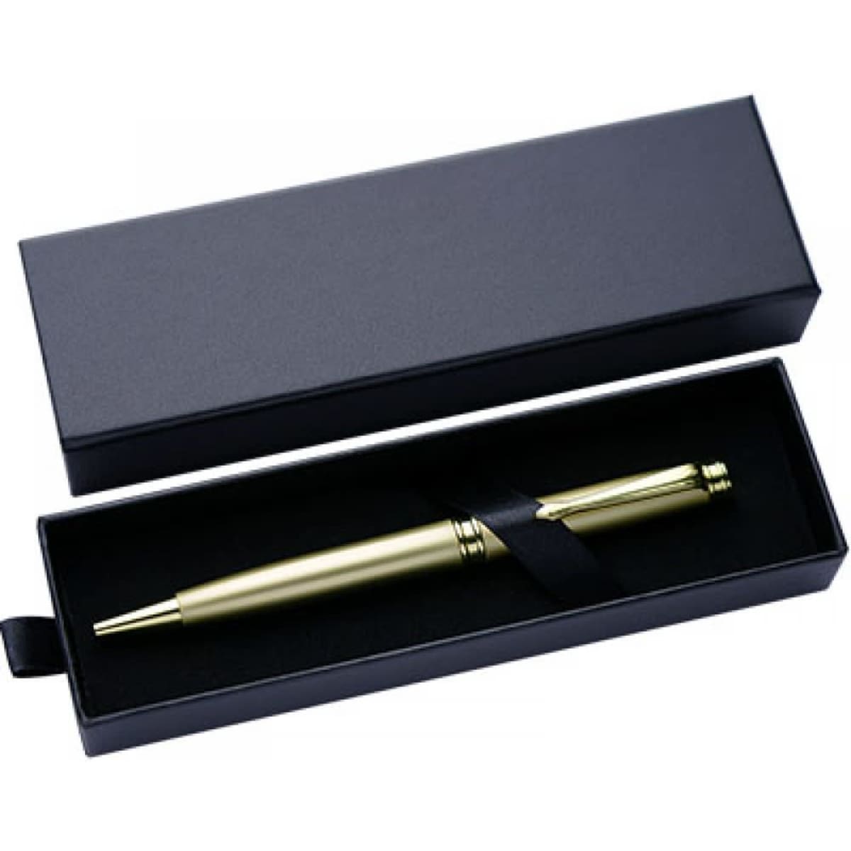 A gold pen in a black gift box, neatly presented with a ribbon, resting on a black interior.