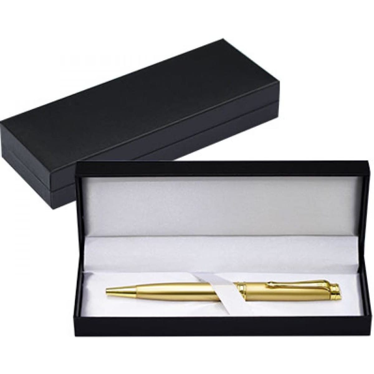A gold pen in a black gift box with a white interior, featuring a sleek design and a branding logo.