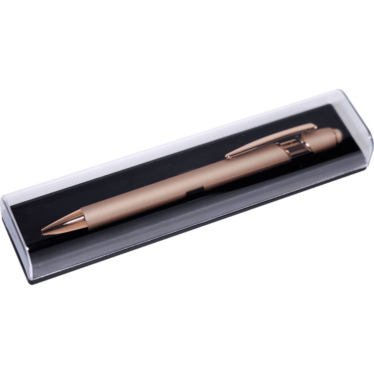 A bronze pen displayed in a clear gift box with a black interior. The pen features a sleek design.