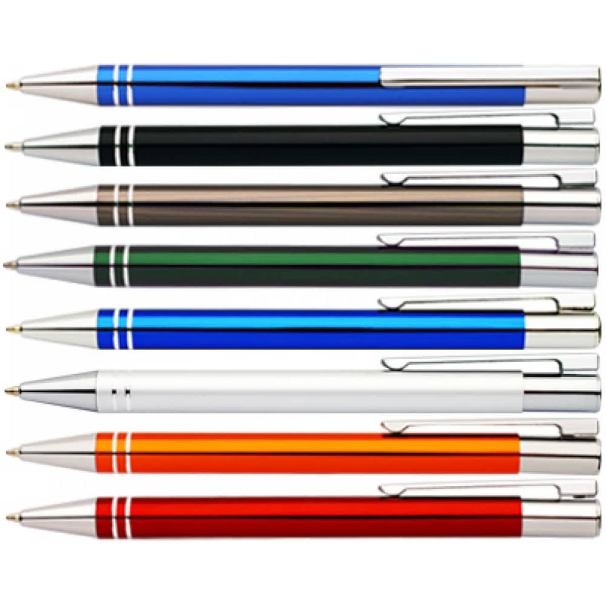 A collection of Boulevard Pens in blue, black, brown, green, white, orange, and red, featuring a chrome finish and branding.
