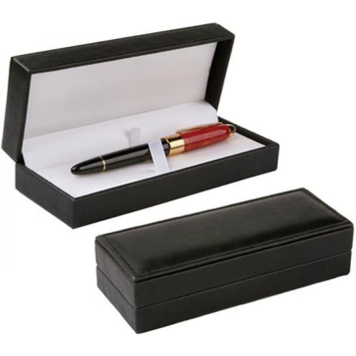 A black gift box containing a red and black pen with a gold trim, elegantly presented inside.