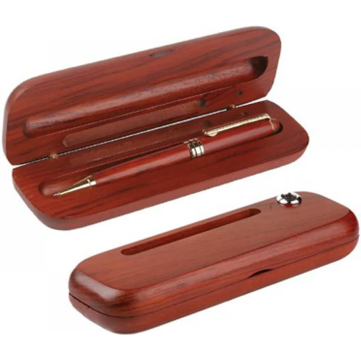 A brown wooden case with a pen inside, featuring a sleek design and a soft sheen. The case has a logo.