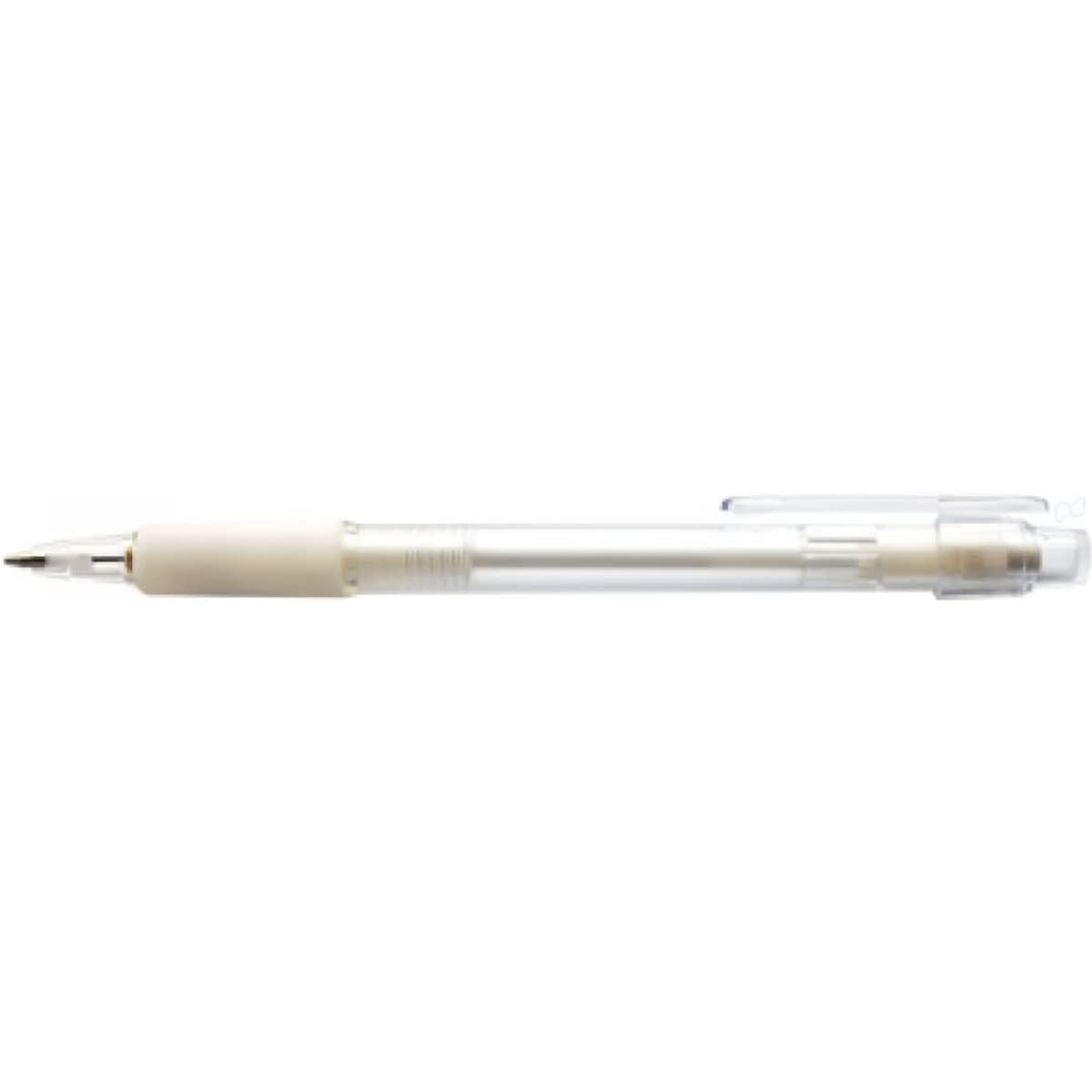 A mechanical pencil with a transparent barrel, white grip, and a retractable lead mechanism. It has a logo on the side.