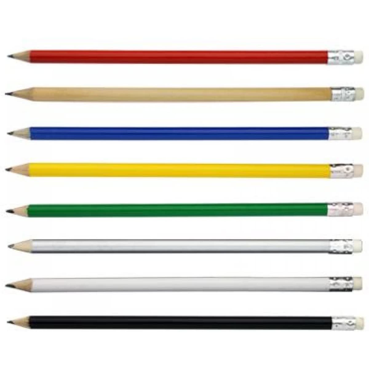 A collection of wood pencils in red, blue, yellow, green, white, and black, with erasers and a natural wood pencil.
