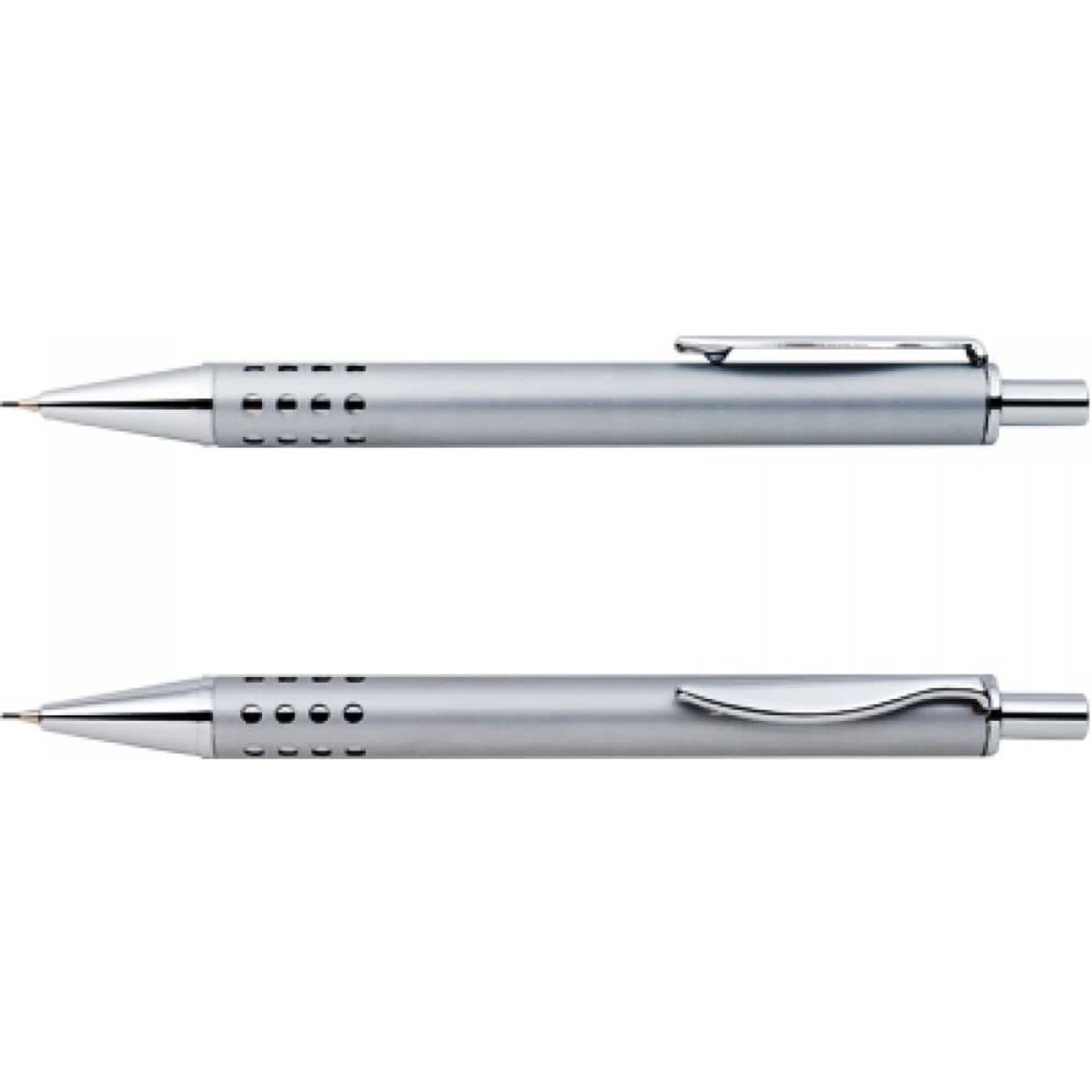 A set of silver mechanical pencils with a sleek design and metal detailing, featuring a clip on one side.