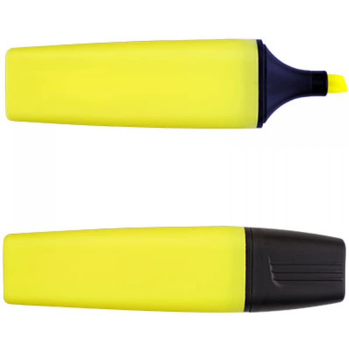 A highlighter in bright yellow with a black cap, featuring a chisel tip for marking. It has a logo on the body.
