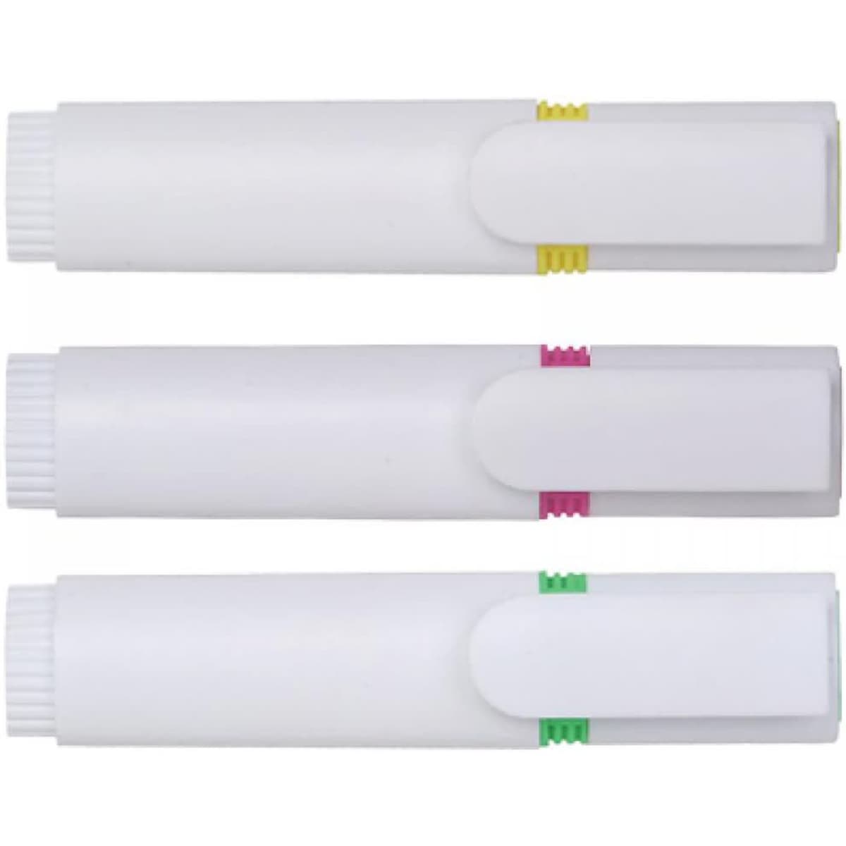 Three white highlighters with coloured caps in pink, yellow, and green. Each has a branding logo.