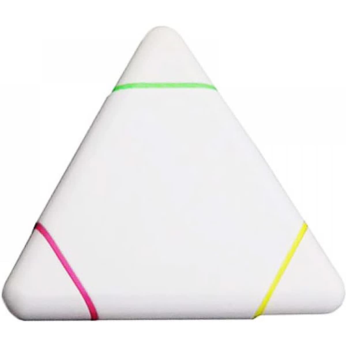 A triangular highlighter in white with pink, green, and yellow accents; features a logo.