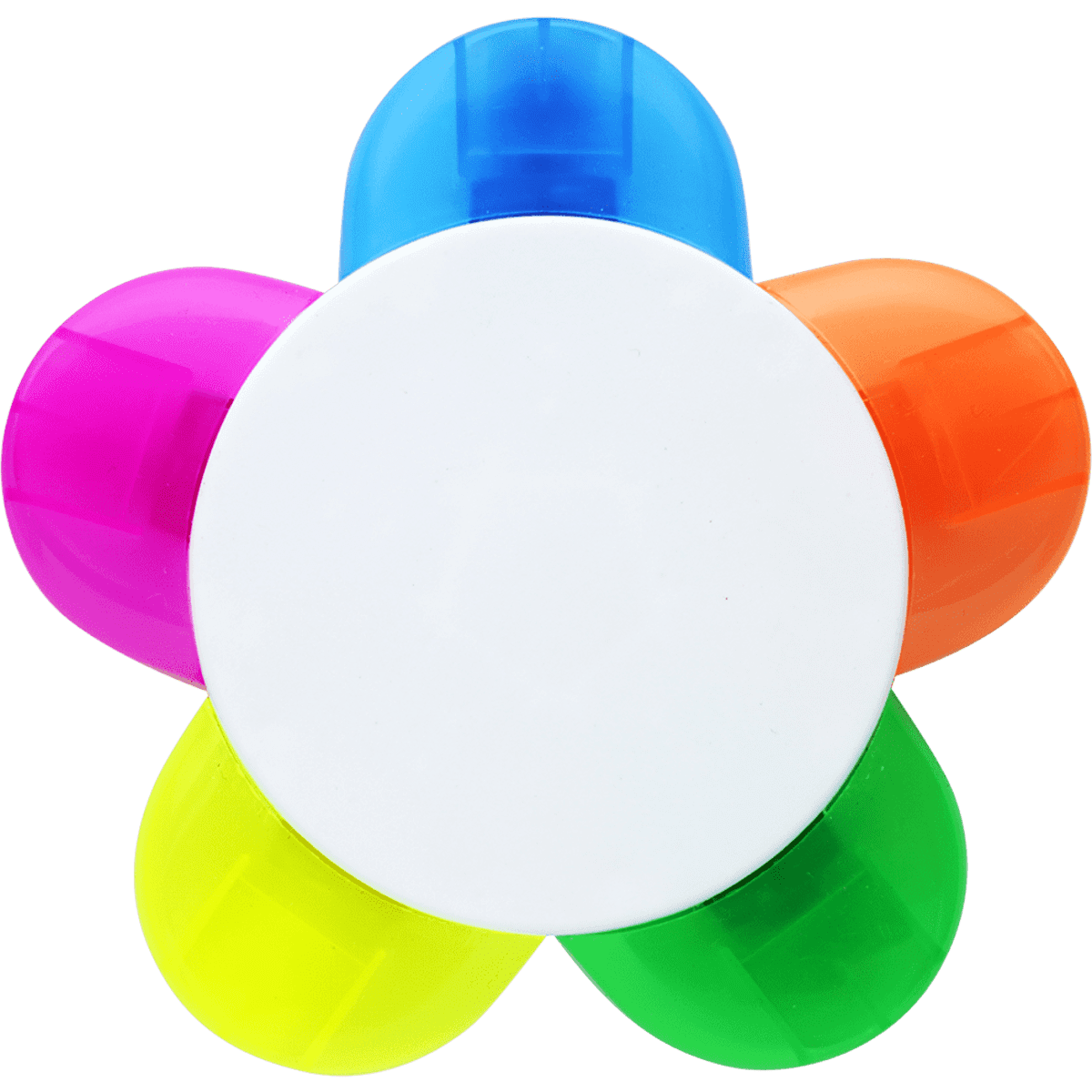 A flower-shaped highlighter featuring pink, blue, orange, green, and yellow tips, with a white centre.