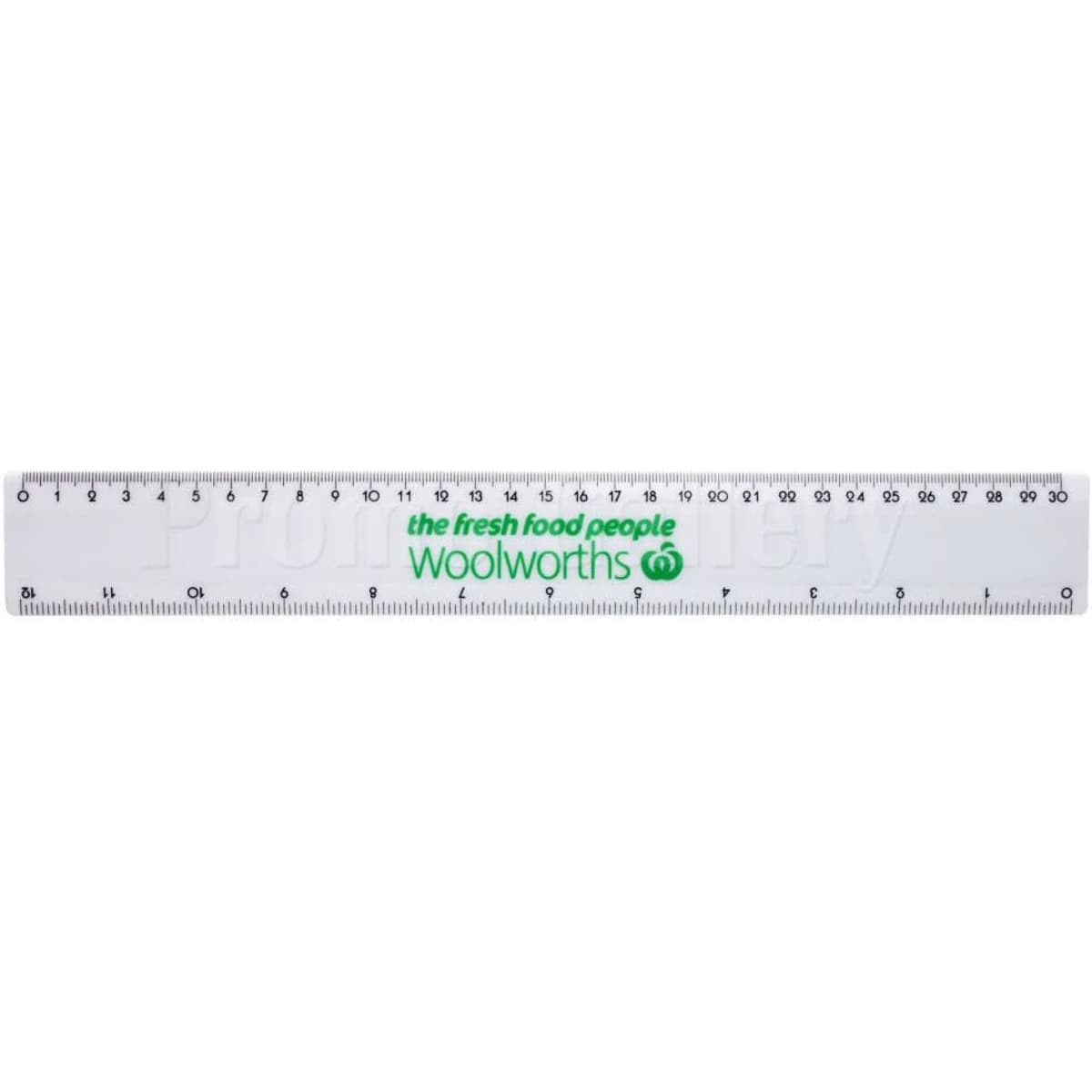 A clear plastic 30 cm ruler featuring markings and a logo.