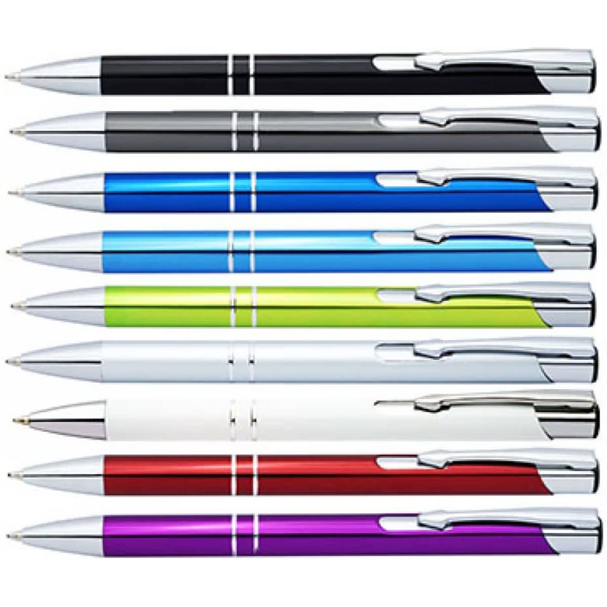 A collection of shiny pens in black, blue, green, white, and purple with chrome accents, featuring a logo.