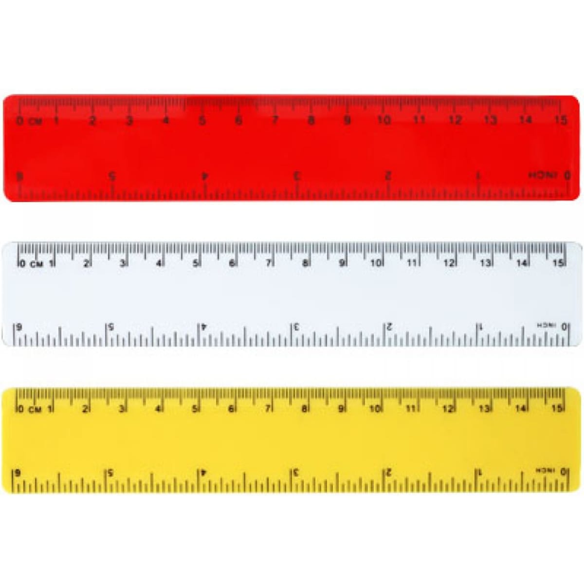 A set of three rulers in red, white, and yellow, each marked with centimetre and inch measurements.