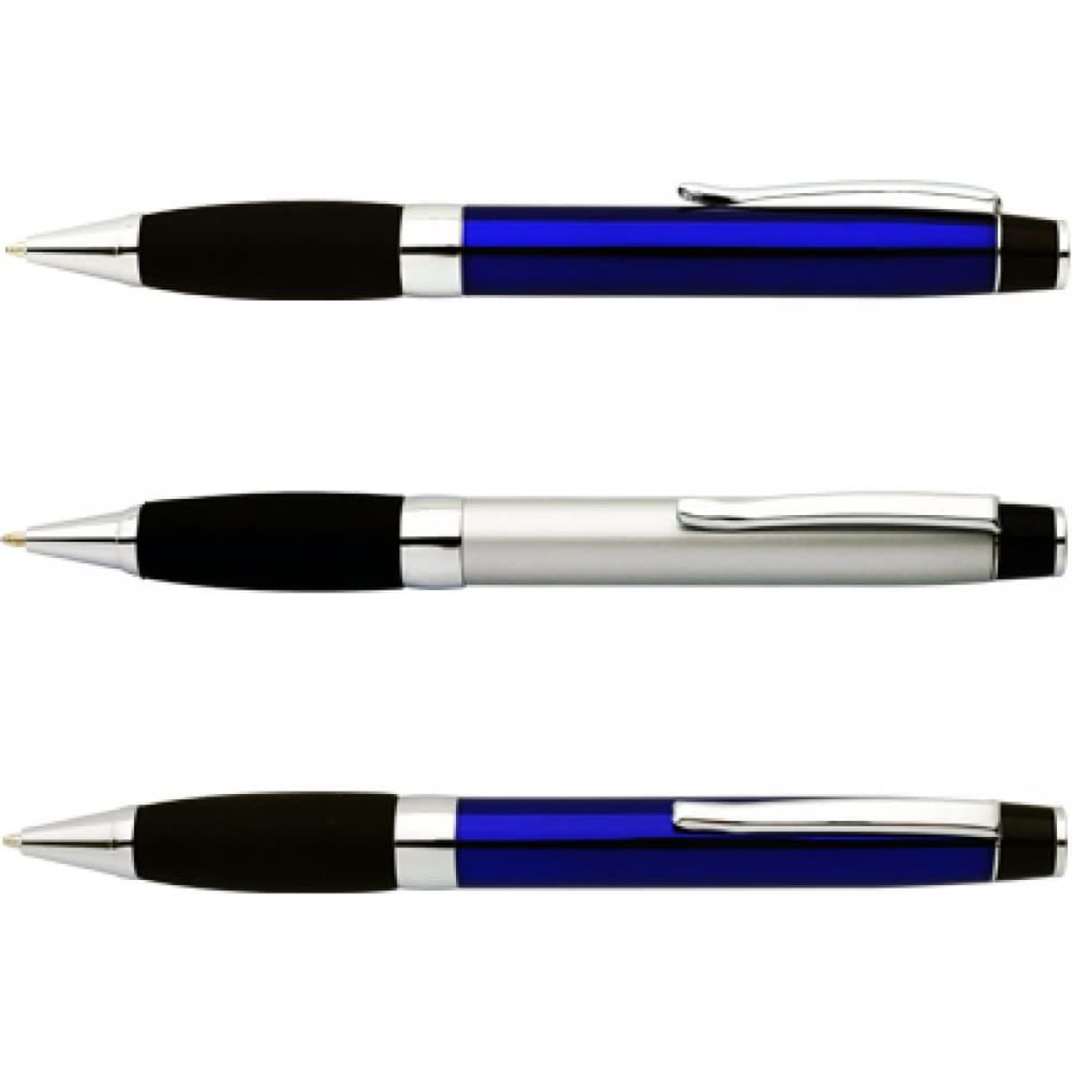 Three pens are displayed: one in blue with silver accents, one in silver, and another with a blue barrel and black grip.