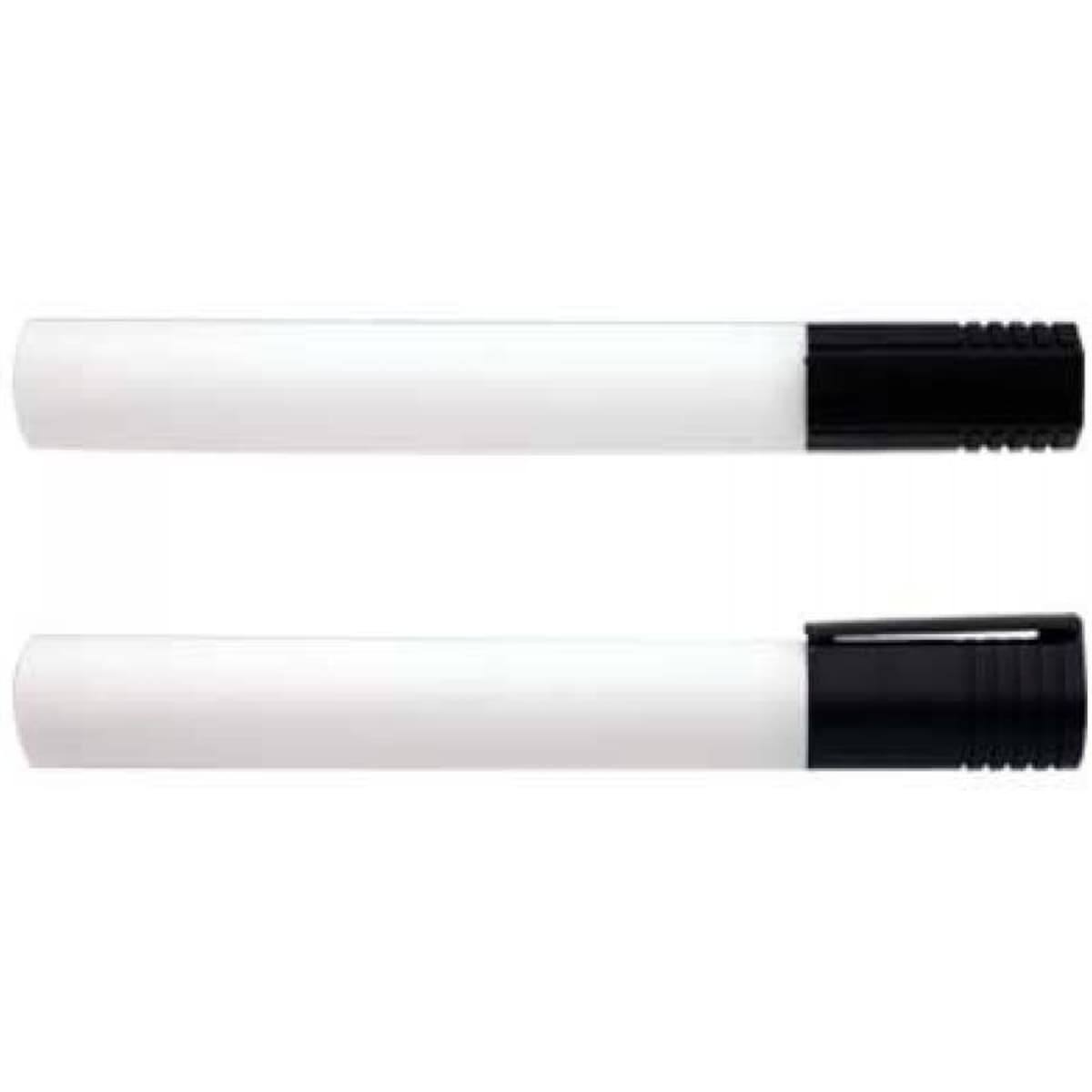 Two whiteboard markers with black caps and white bodies are displayed side by side.