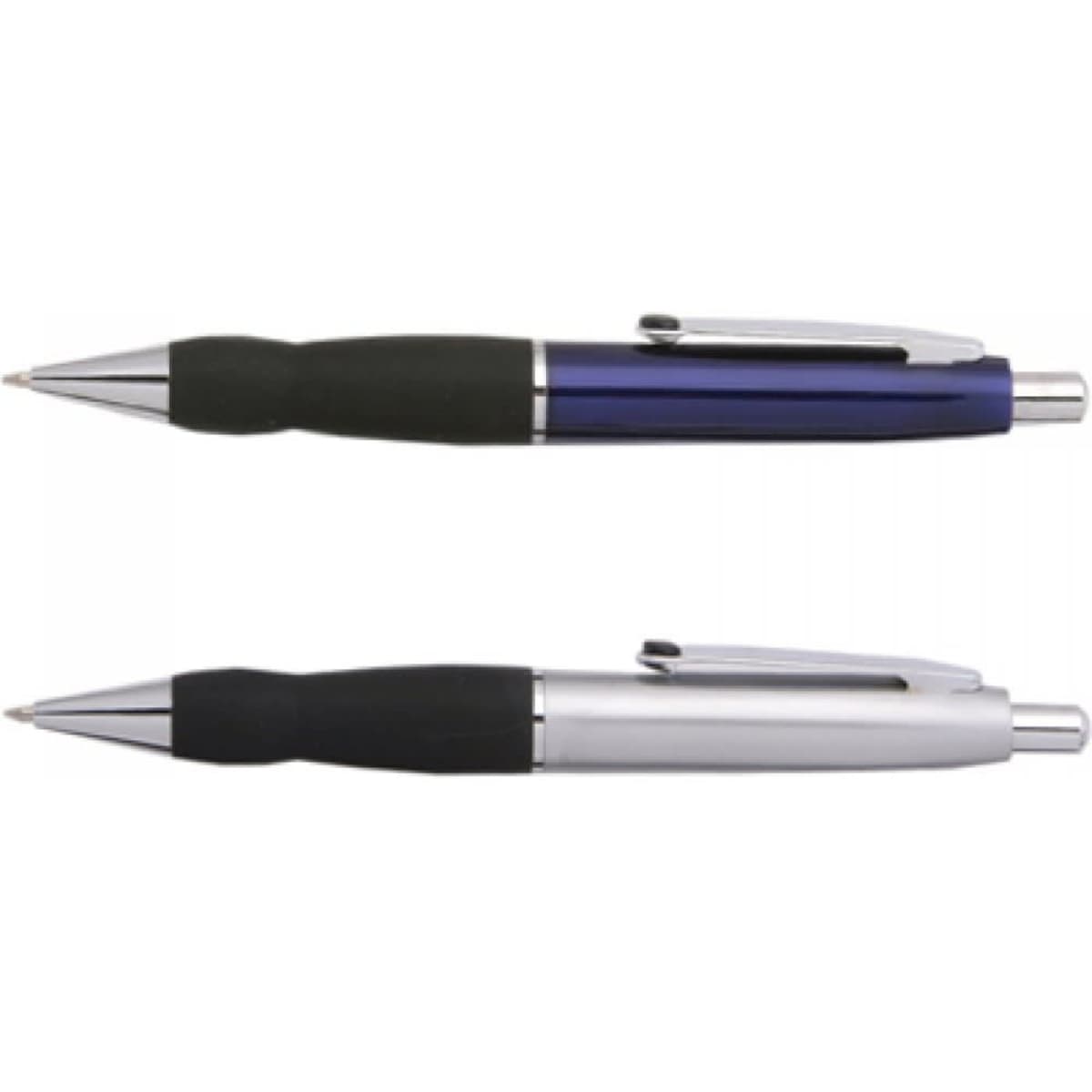 A set of two pens featuring a blue pen and a silver pen, both with black grips and chrome accents.