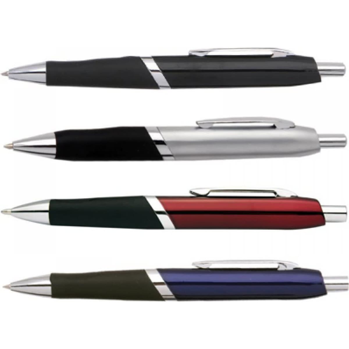 A set of four Delta pens in black, silver, green, red, and navy blue, featuring a sleek design and clips.