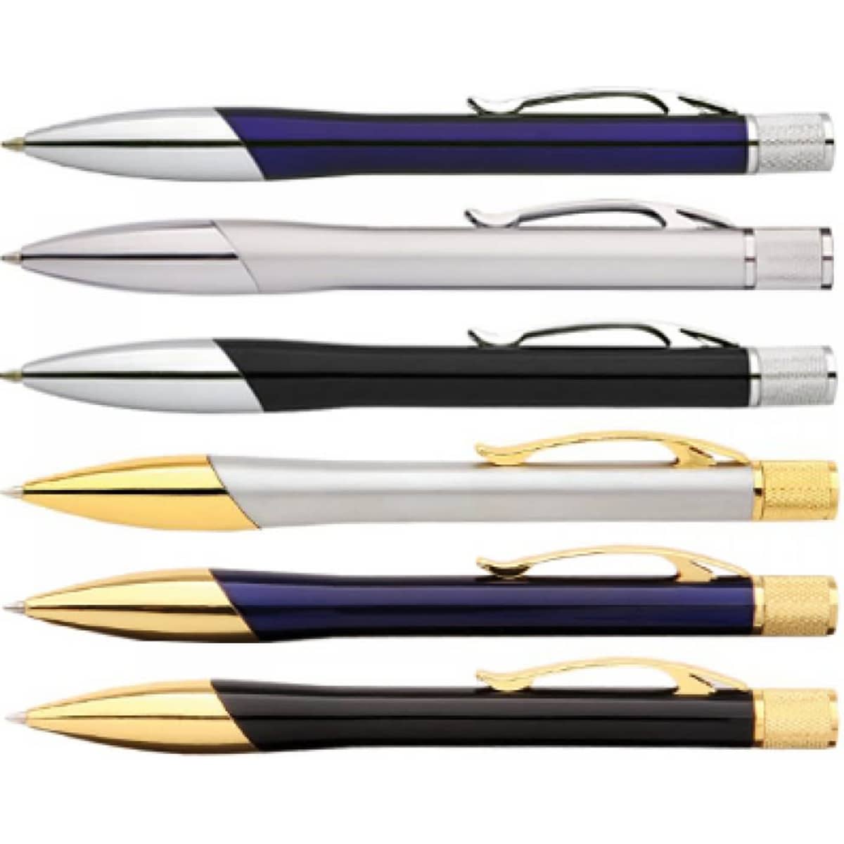 A collection of Crown Pens in silver, black, and gold, featuring a sleek design and variations in finish.