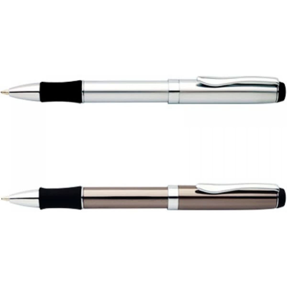 A set of two Vienna Pens, featuring a silver pen and a brown pen, each with a black grip and clip.