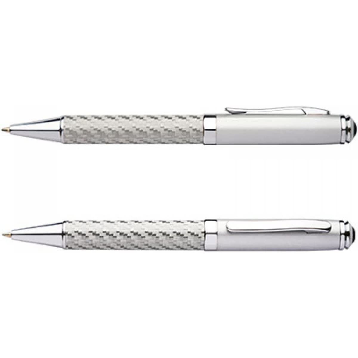 A set of silver and white carbon fibre metal pens with a polished finish and clip. The pens feature a logo.