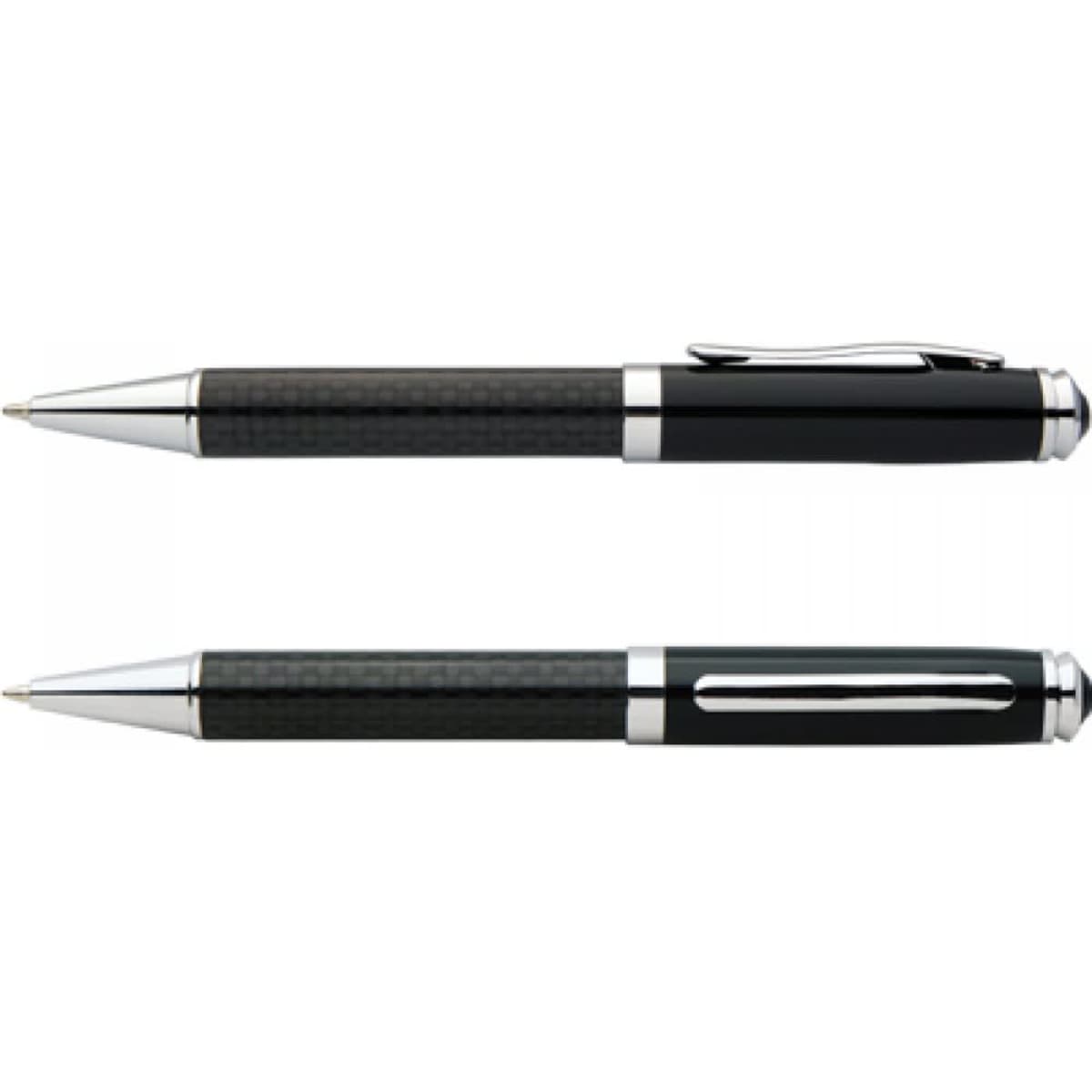 Two carbon fibre metal pens in black with silver accents and clips, featuring a sleek design and a glossy finish.
