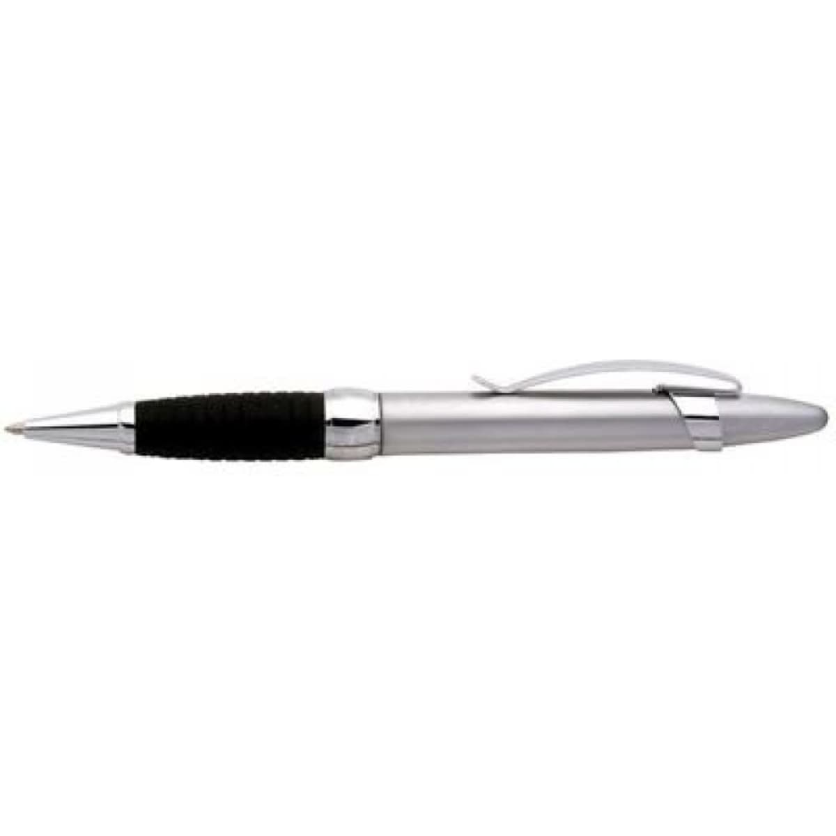 A silver pen with a black rubber grip and a silver clip, featuring a sleek design and a branding logo.