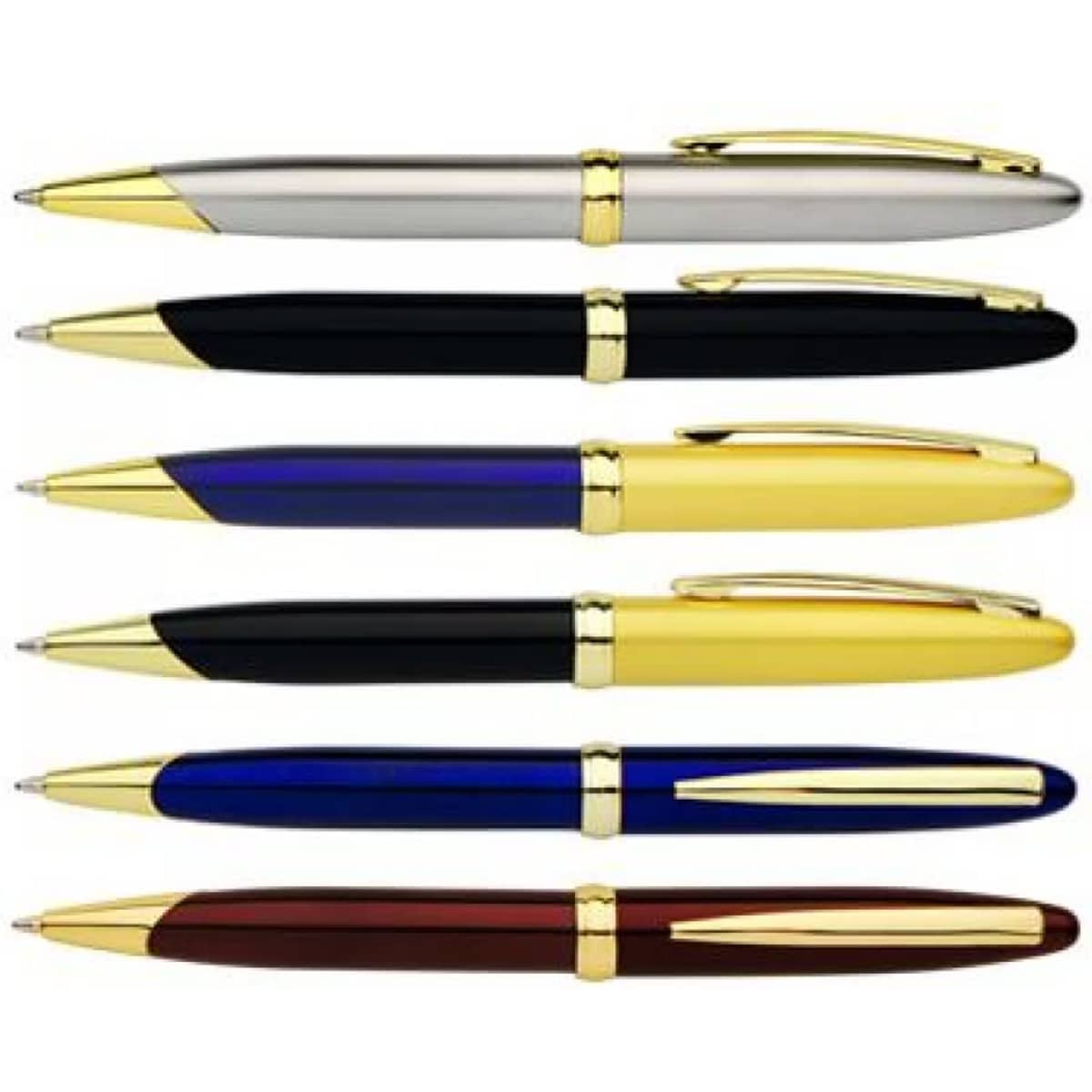 A collection of six Master Pens in silver, black, gold, blue, and burgundy, each featuring gold accents and a logo.