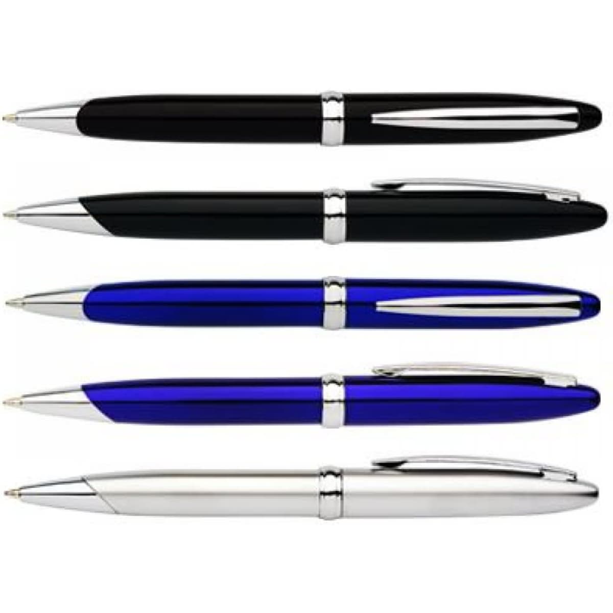 A collection of five pens in black, blue, and silver, featuring a variety of designs and a logo on some.