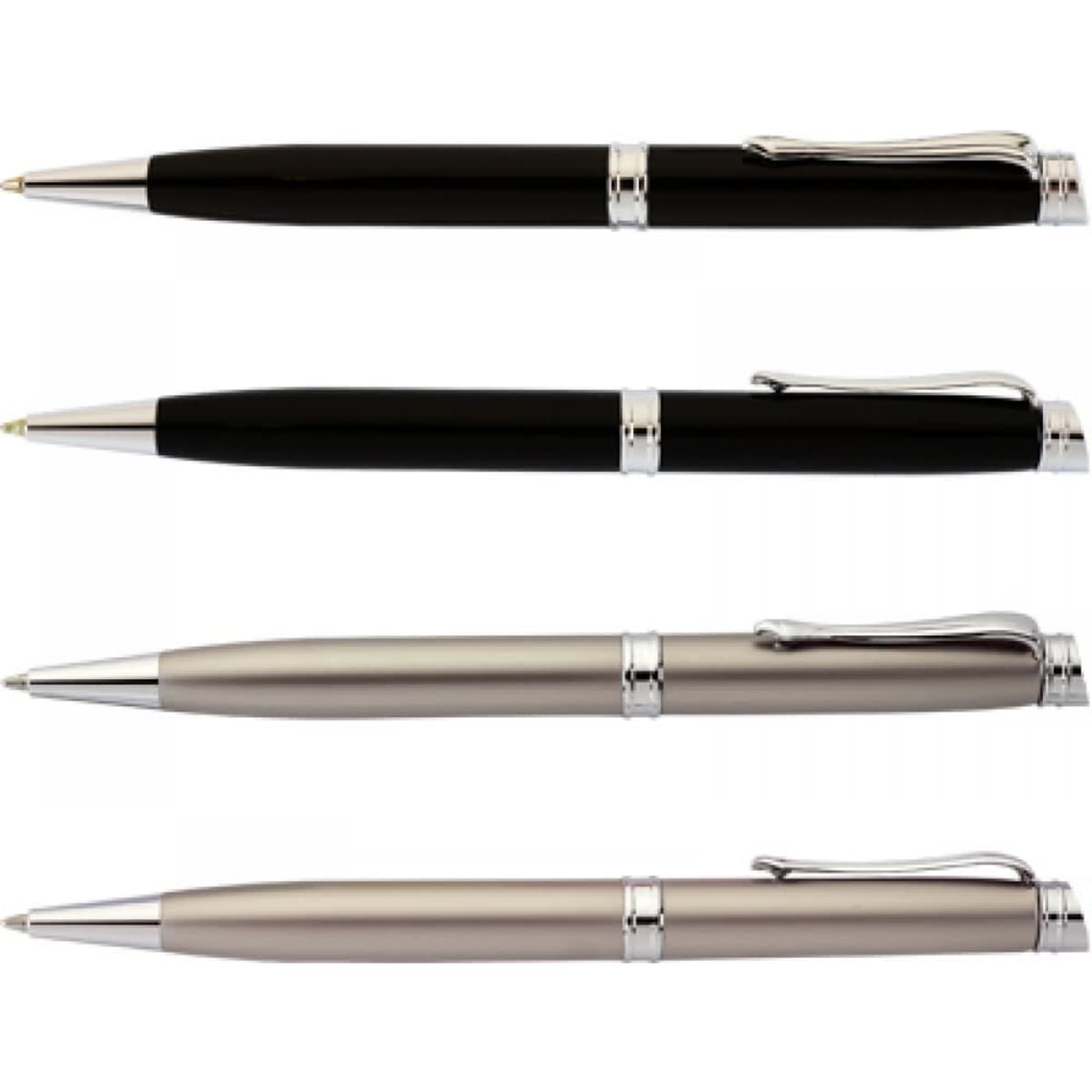 A set of four pens in black, silver, and gunmetal, featuring chrome accents and clips. One pen has a logo.
