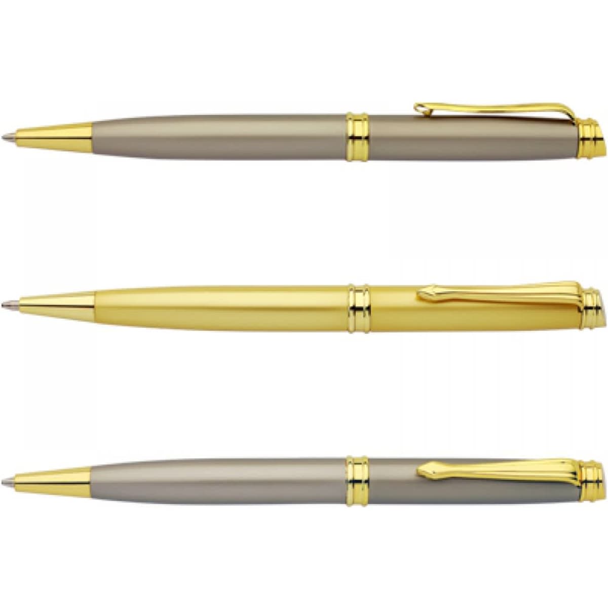 Three sleek pens, featuring a mix of silver and gold colours with elegant detailing and a logo.
