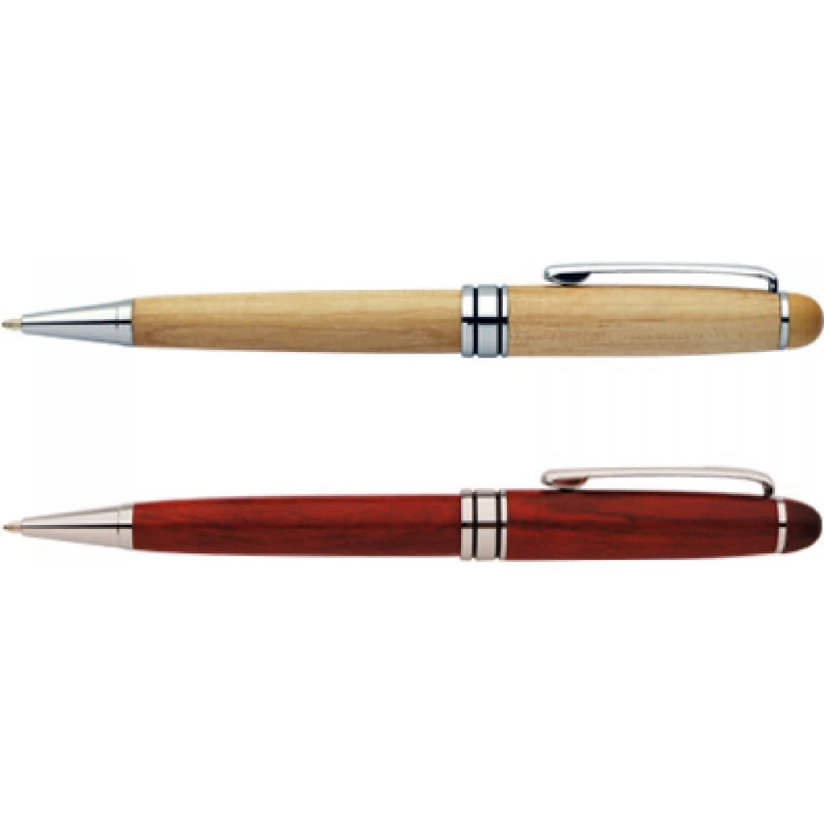 Two wooden pens featuring silver accents; one is light wood, and the other is dark red wood. Both have a clip and branding.