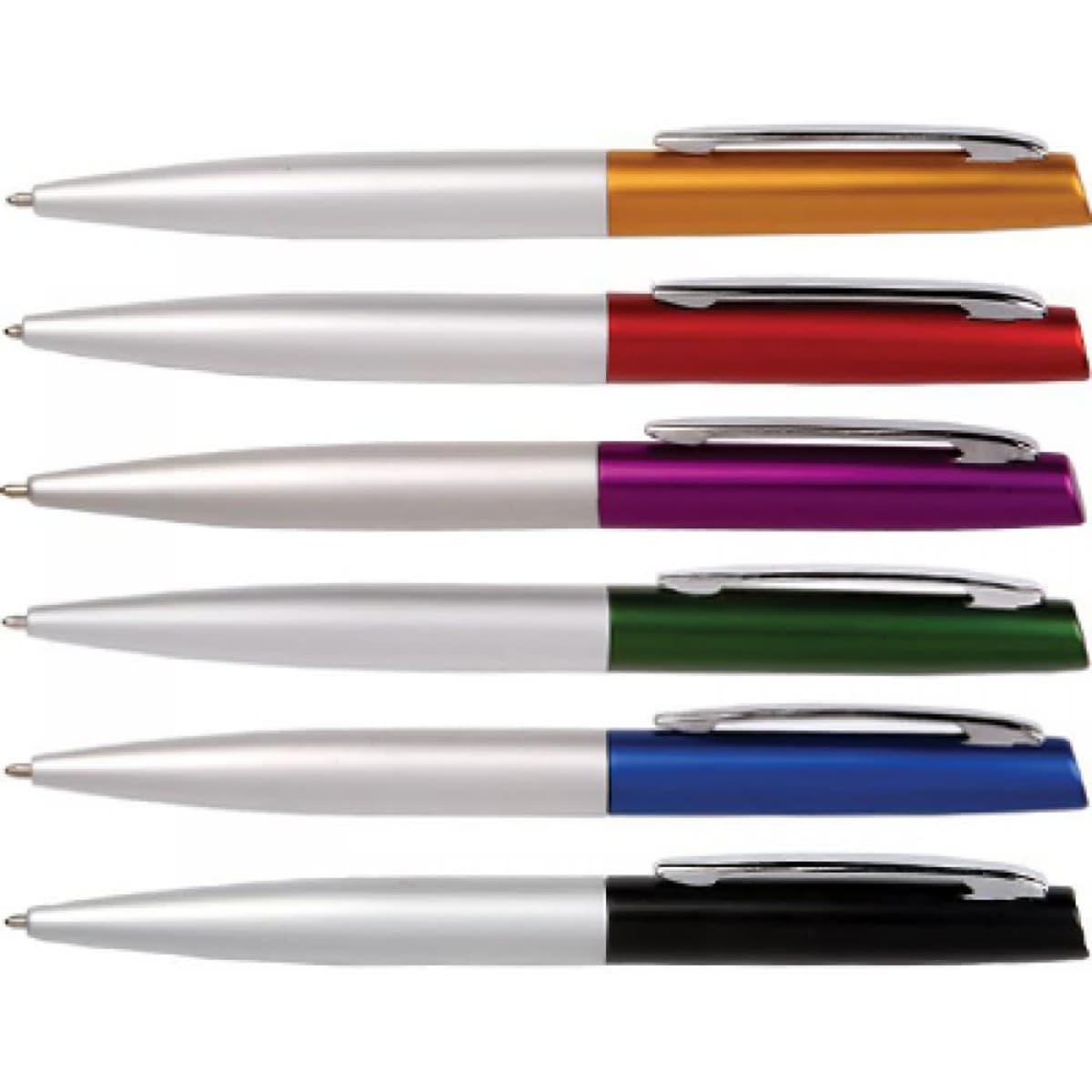 A collection of six pens in orange, red, purple, green, blue, and black with silver accents and a logo.