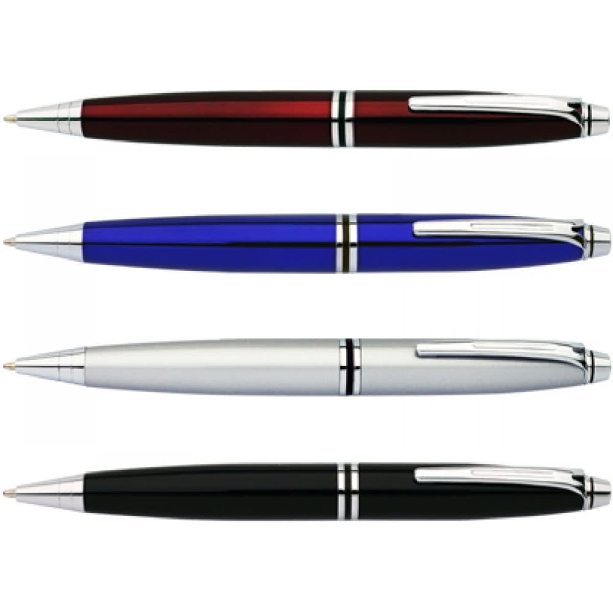 A set of four Venus Pens in red, blue, silver, and black with a sleek design and branding on each pen.