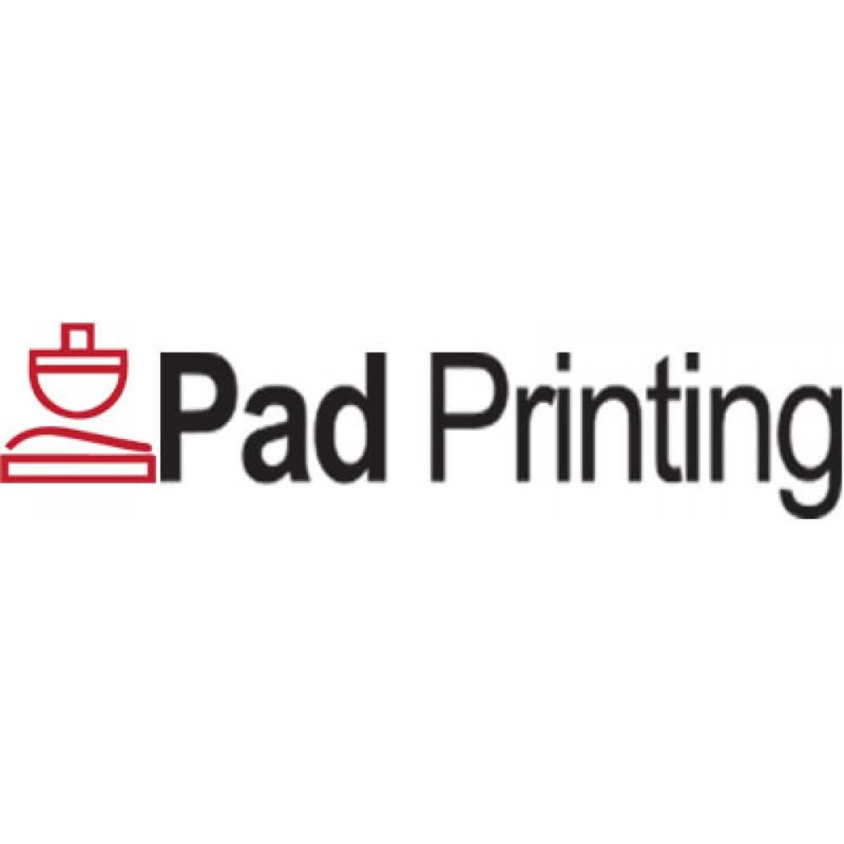 A logo featuring red and black text for "Pad Printing" with a graphic element above the text.