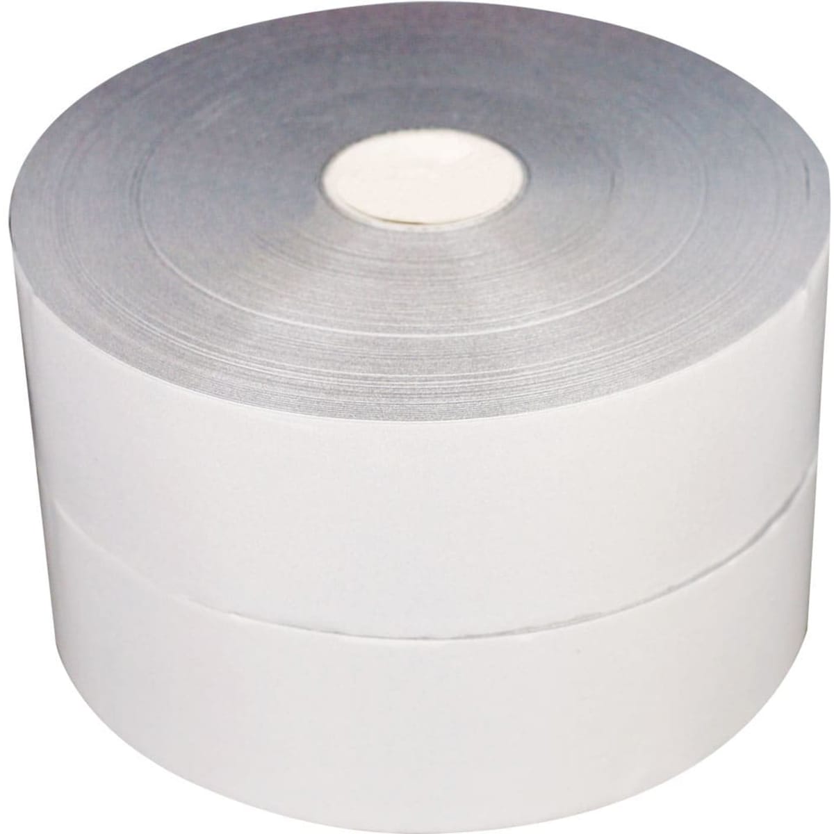 A roll of reflective tape in silver, featuring a smooth, shiny surface and a central adhesive core.