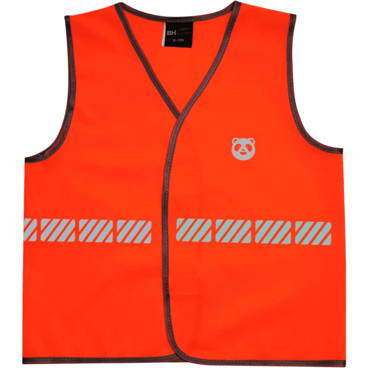 An orange reflective safety vest featuring a logo and striped reflective detailing.