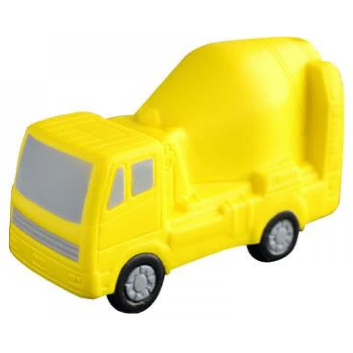A yellow stress toy shaped like a cement truck, featuring grey accents and black wheels. It has a logo on it.