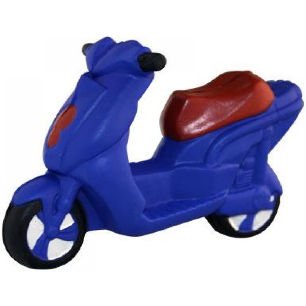 A blue stress scooter with a red seat, designed as a stress relief toy, featuring wheels and a handlebar.