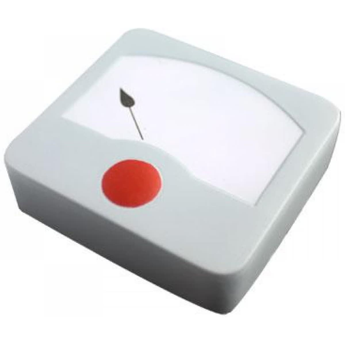 A stress scale device in grey with a large white display and a red button, designed for measuring stress levels.
