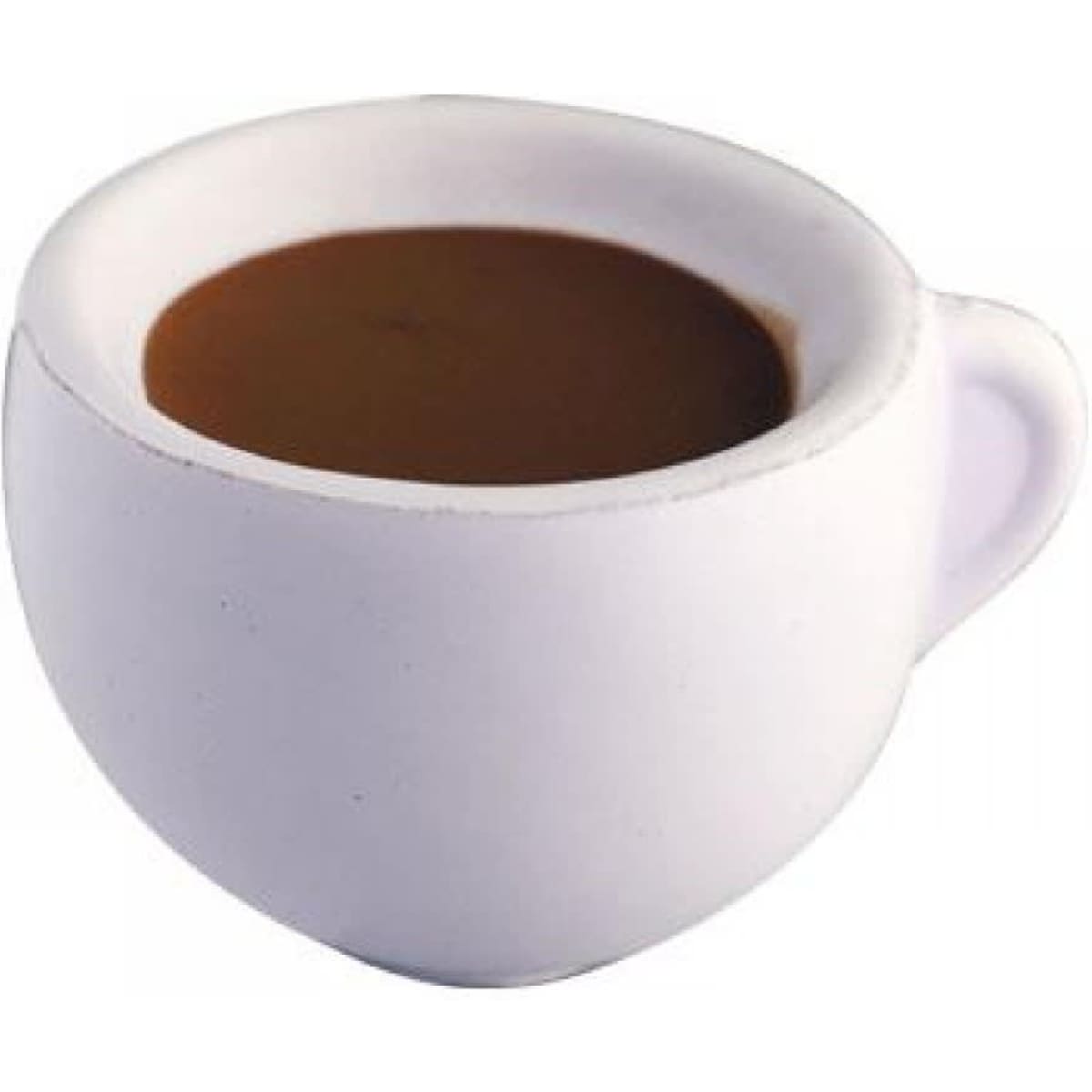 A white coffee cup filled with dark brown coffee, featuring a simple design and a small handle.