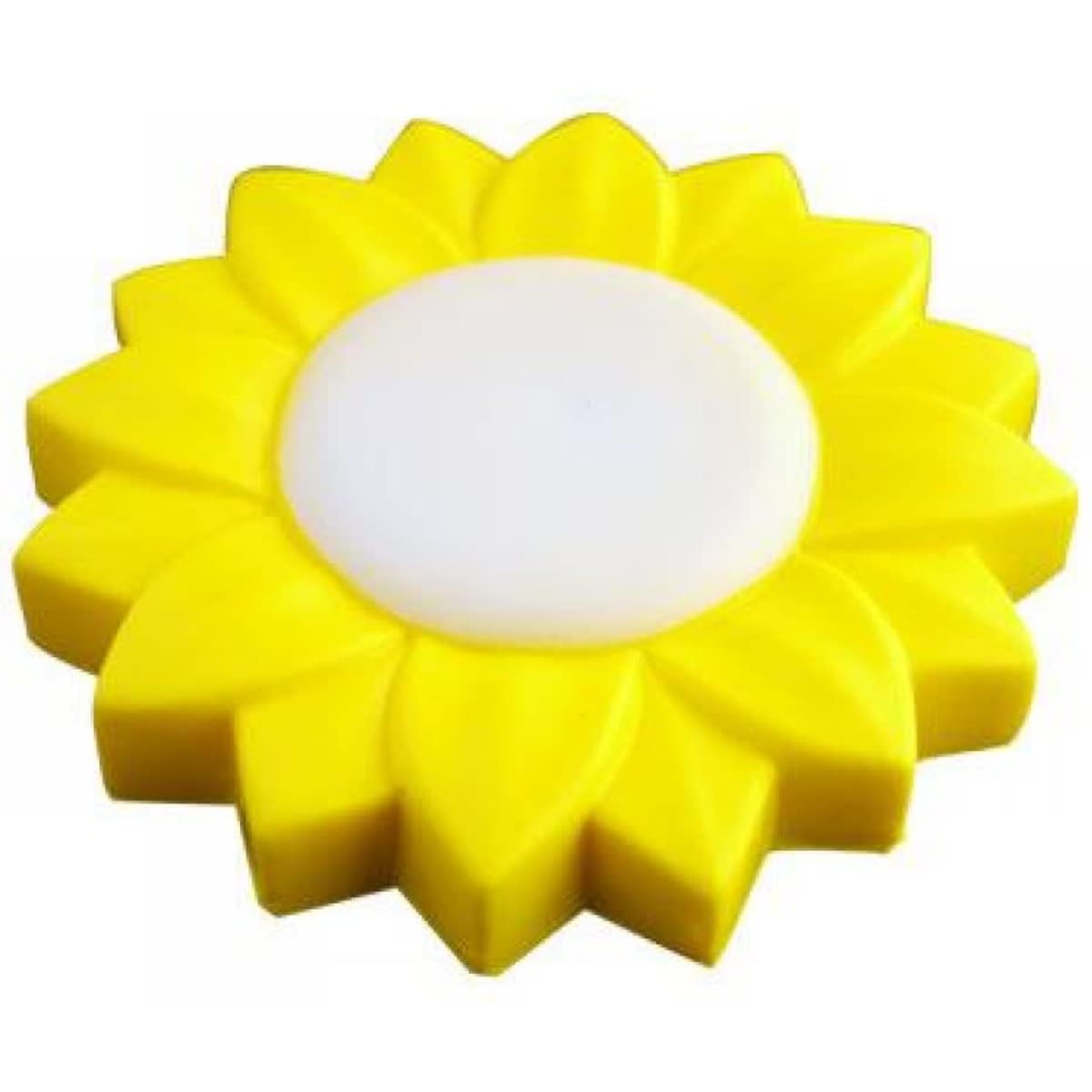 A stress-relief toy shaped like a bright yellow flower with a white centre.