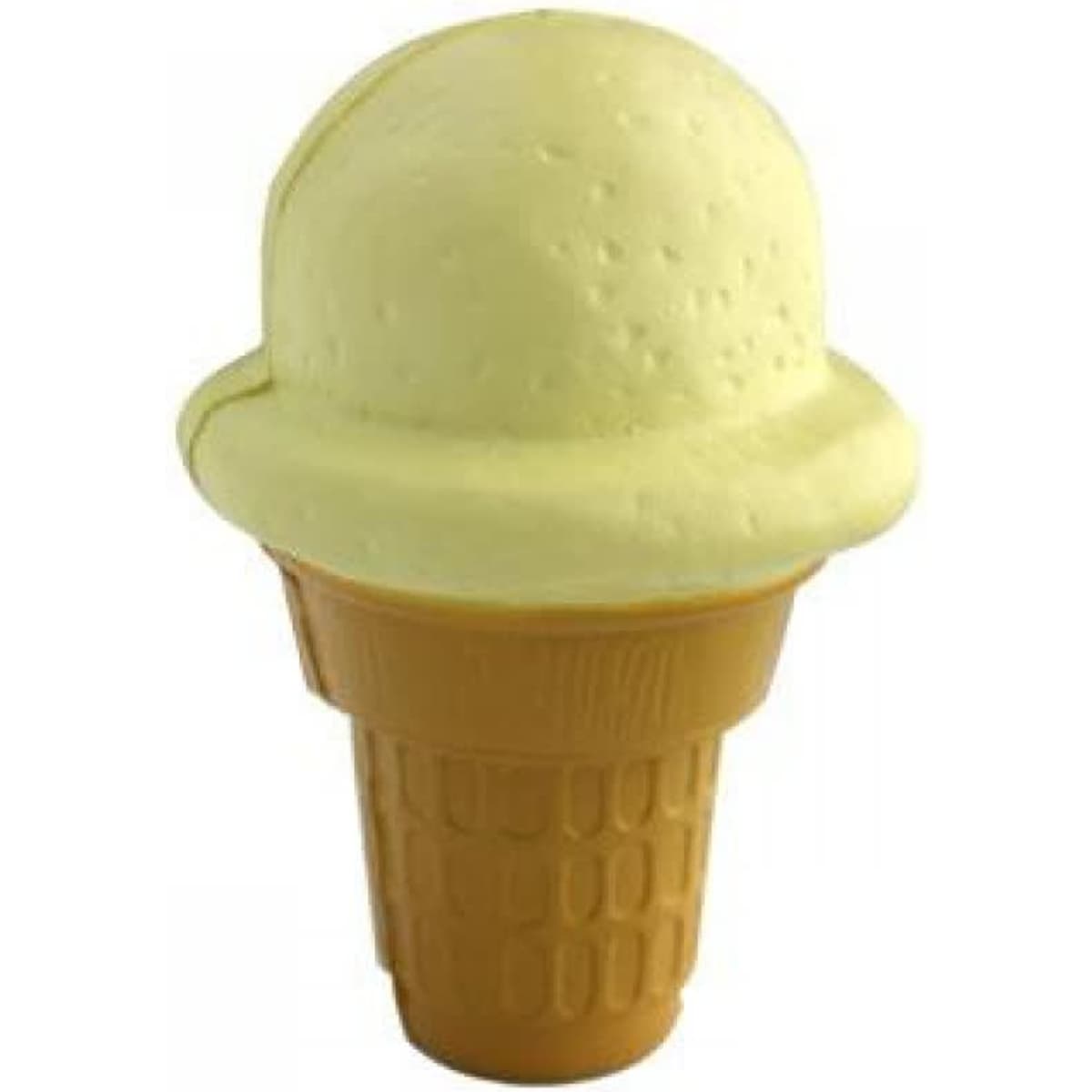 A green ice cream scoop on a brown cone, featuring a smooth texture and a rounded shape. The image has a logo.