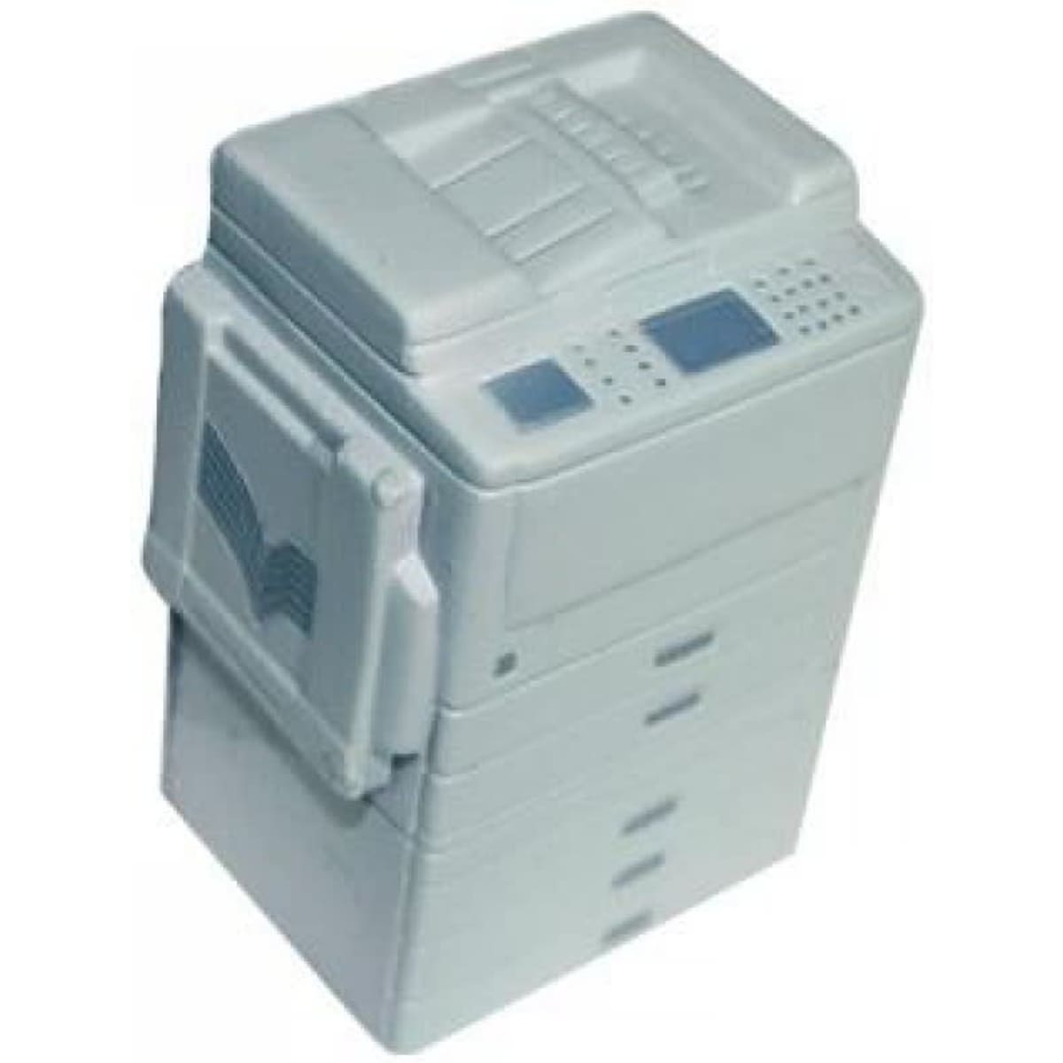 A grey stress relief toy shaped like a photocopy machine, featuring buttons and a handle.