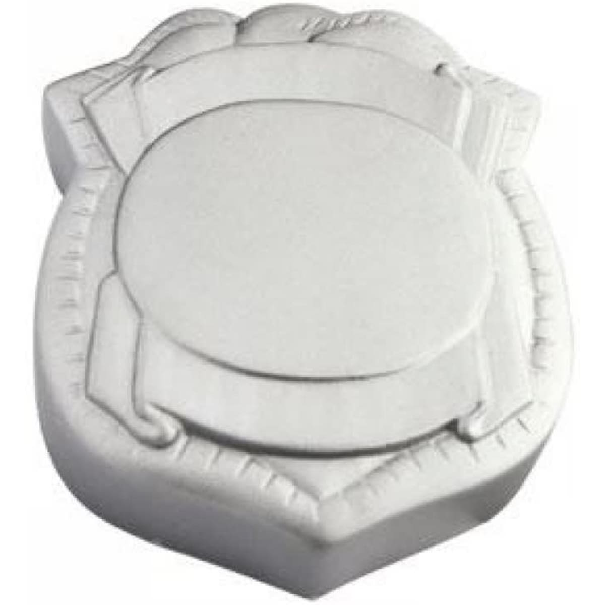 A white stress relief badge shaped like a shield with a smooth, rounded centre and raised edges.