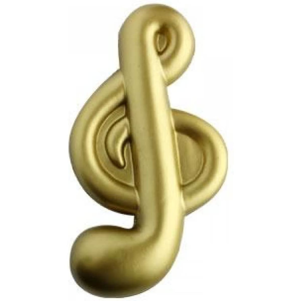 A gold stress toy shaped like a musical note. It has a smooth, curved design. Features a logo on the surface.