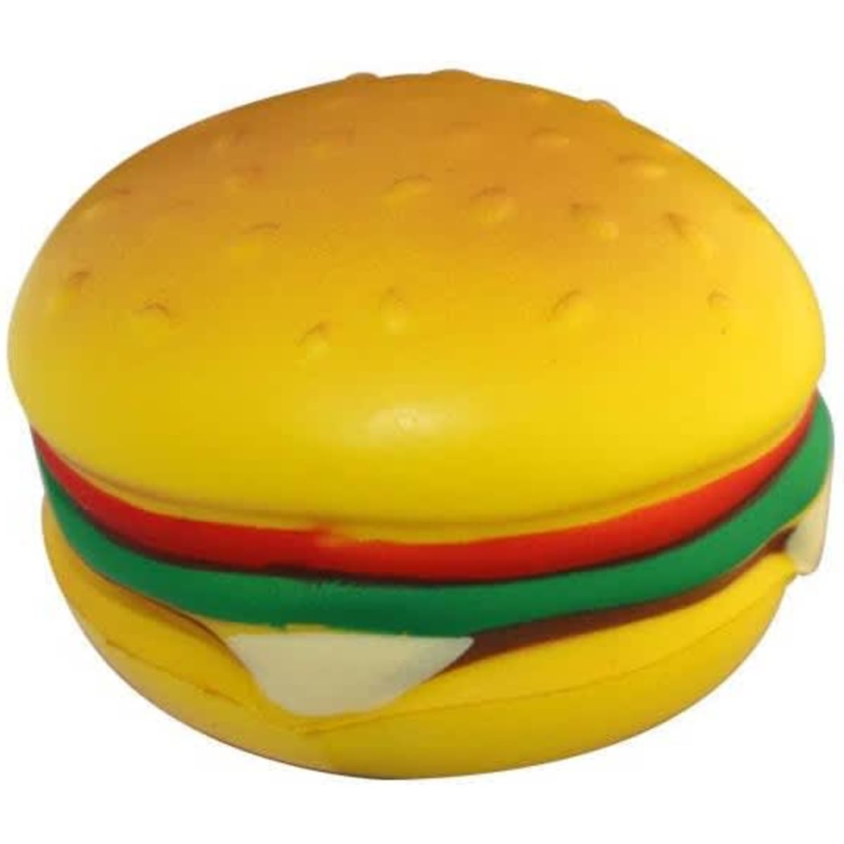 A stress toy shaped like a hamburger, featuring yellow, red, green, and white colours. It has a smooth, squishy texture.