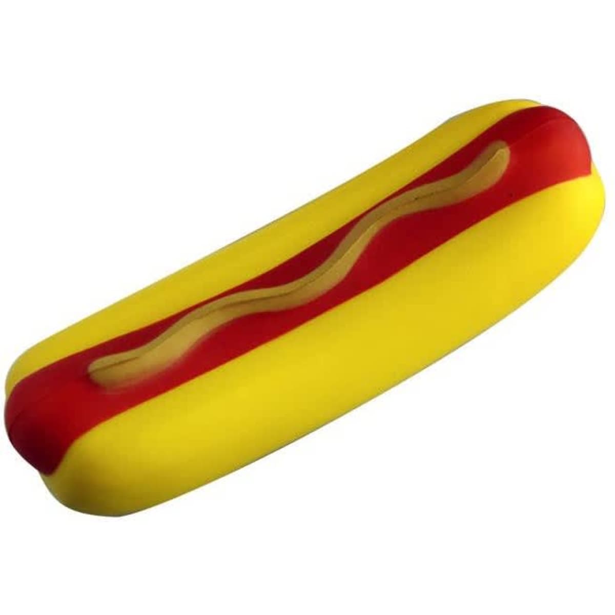 A yellow stress toy shaped like a hot dog with red stripes and a squiggly line on top. It has a logo.