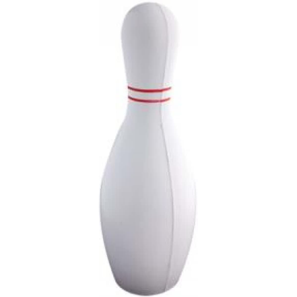 A white stress bowling pin with red stripes, featuring a logo on its surface.