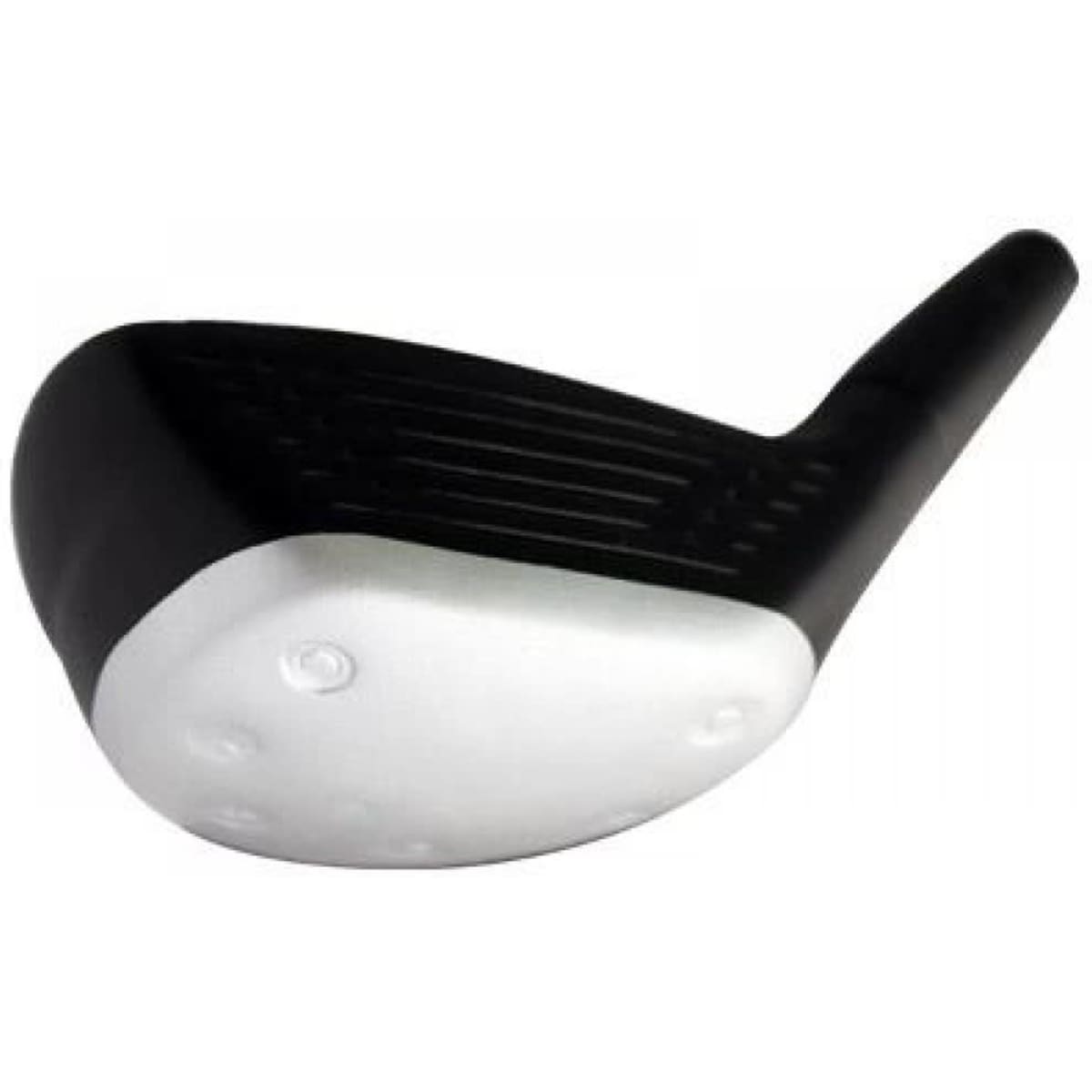 A black and white stress relief golf club head with a smooth surface and grooves on the upper side.