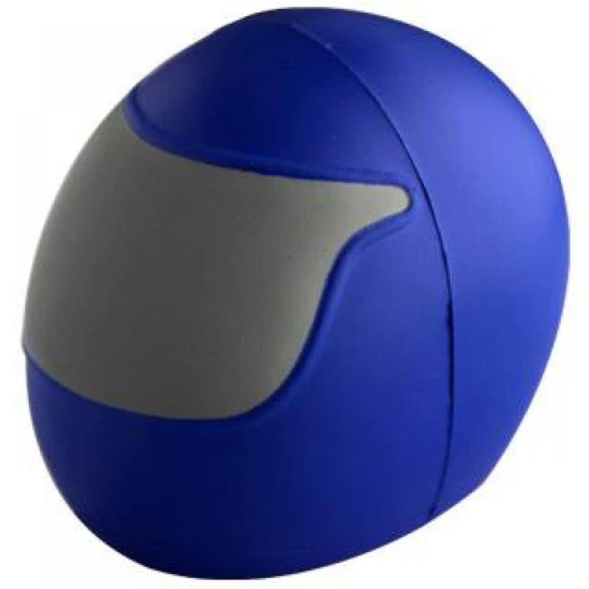 A blue stress helmet with a grey visor, featuring a smooth, rounded design and a simple, sturdy form.